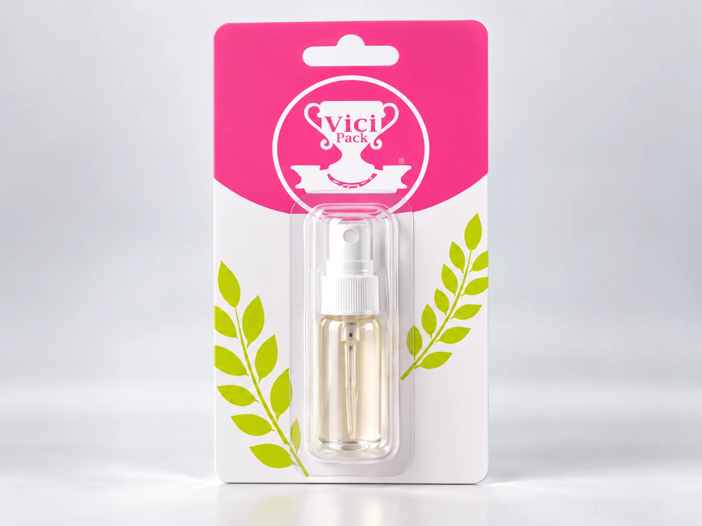 Finished blister package with custom printed card and sealed spray bottle
